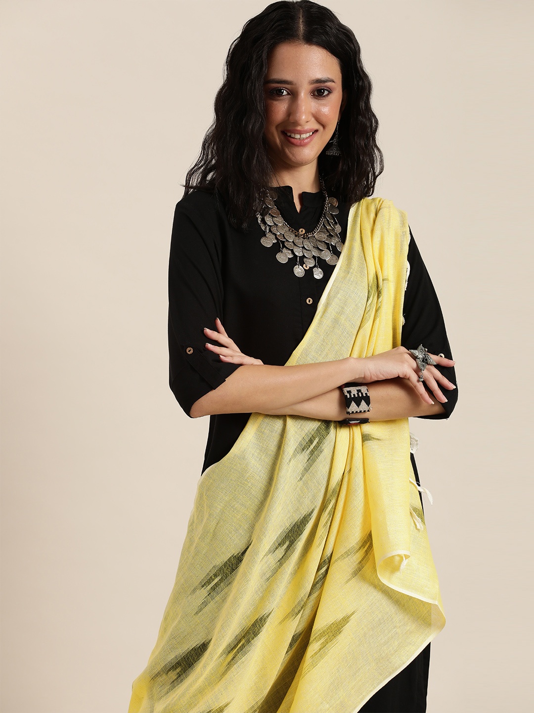 Taavi Yellow & Green Woven Design Pure Cotton Ikat Dupatta