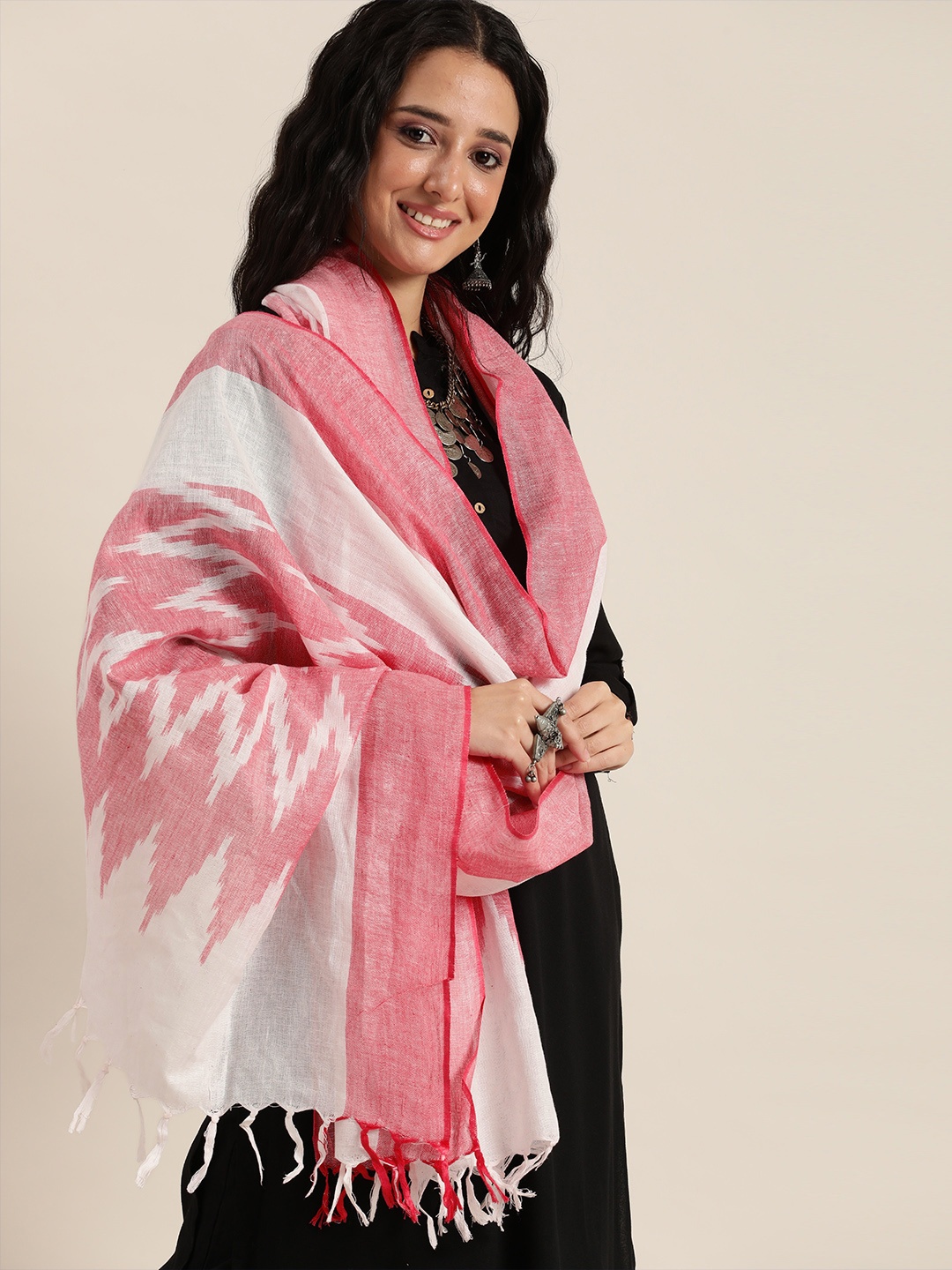 

Taavi White & Red Woven Design Pure Cotton Ikat Dupatta