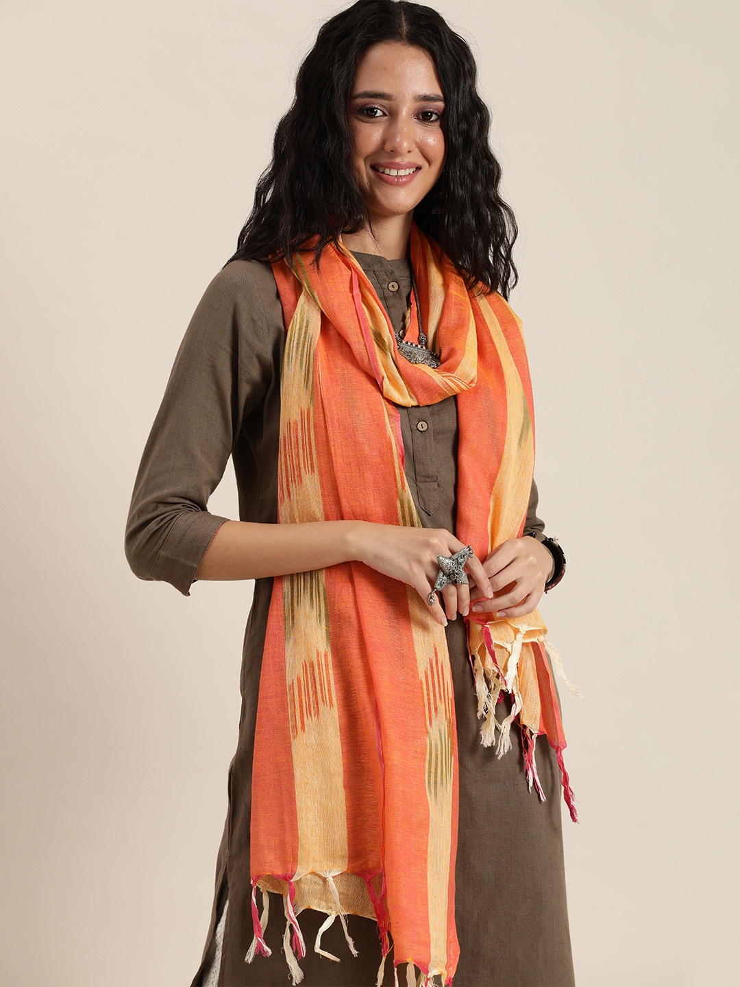 

Taavi Orange & Beige Woven Design Pure Cotton Ikat Dupatta