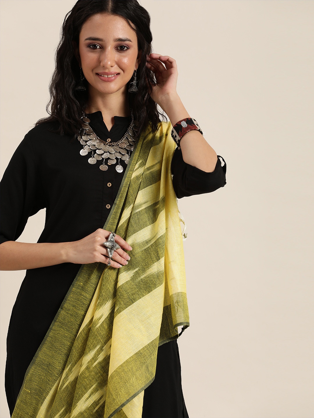 

Taavi Yellow & Green Woven Design Pure Cotton Ikat Dupatta