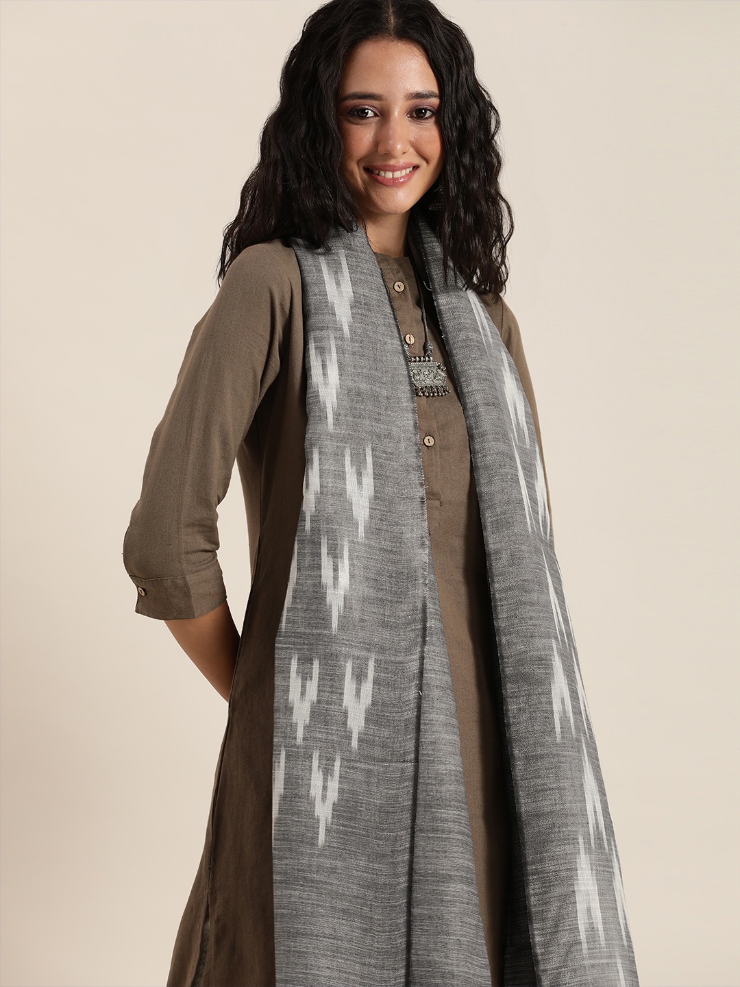 

Taavi Grey & White Woven Design Pure Cotton Ikat Dupatta