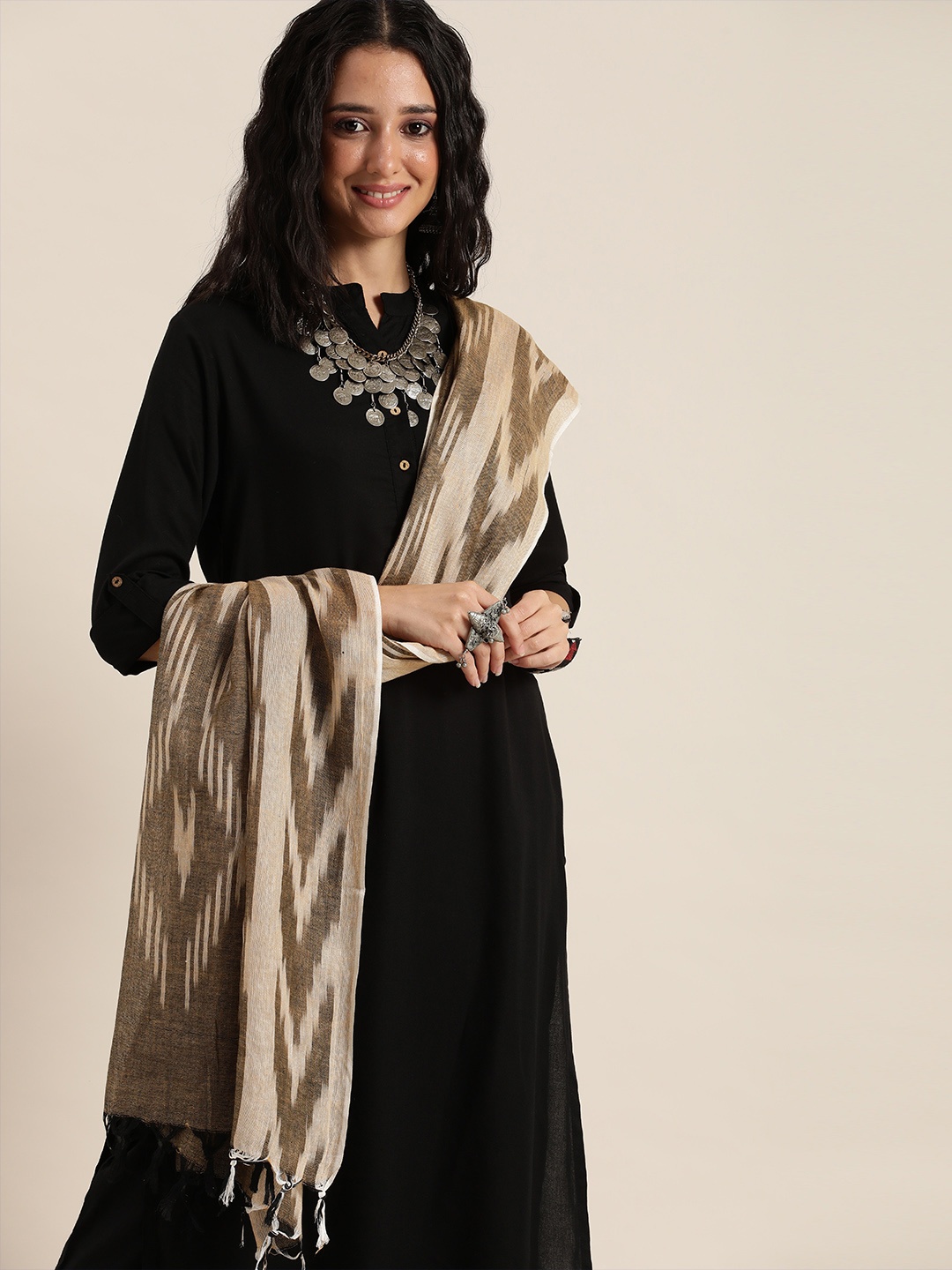 

Taavi Brown & Beige Woven Design Pure Cotton Ikat Dupatta