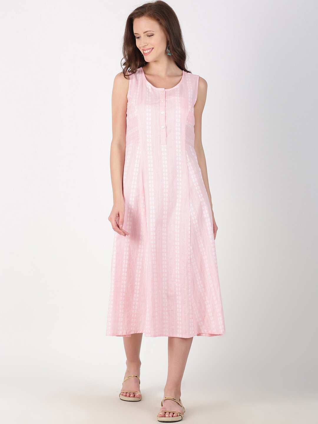 

Saffron Threads Women Pink Woven Design Pure Cotton A-line Midi Dress