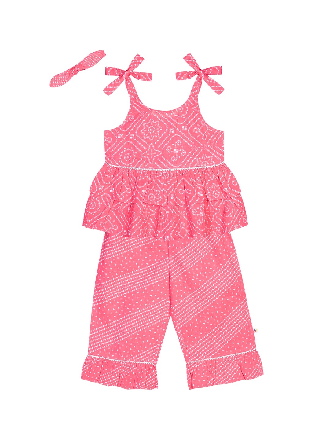 

Budding Bees Girls Pink & White Bandhani Print Pure Cotton Top with Trousers