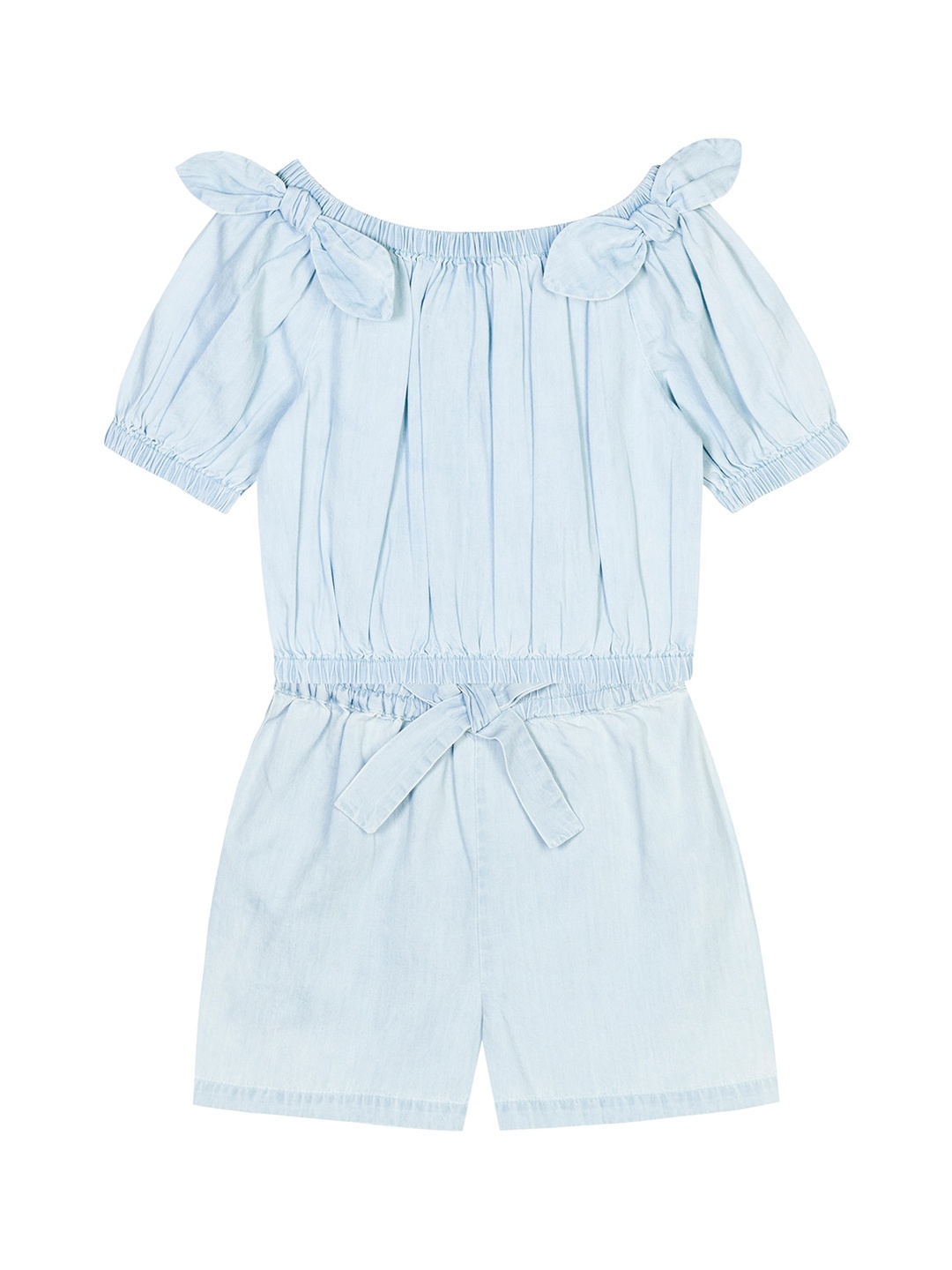 

Budding Bees Girls Blue Denim Pure Cotton Top with Shorts with Bow Detail