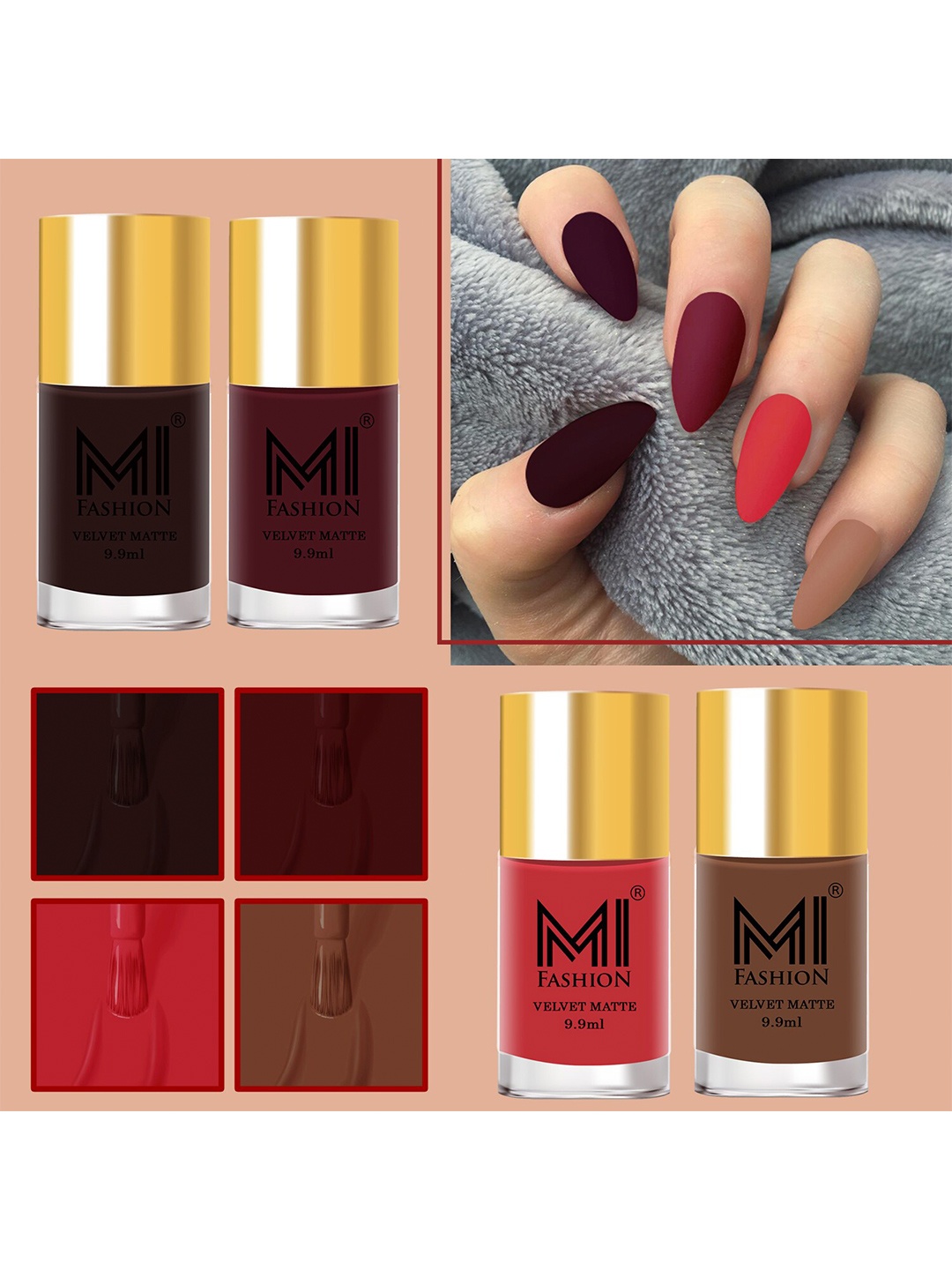 

MI FASHION Set of 4 Nail Polish - Seal Brown, Cocoa Bean, Fire Engine Red, Pickled Bean, Peach