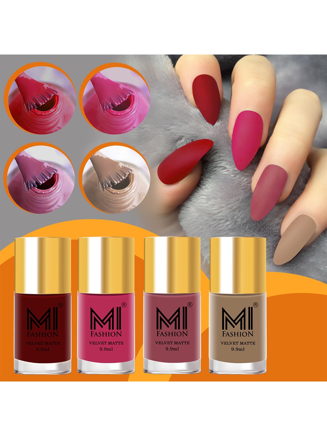 

MI FASHION Set of 4 Velvet Matte Long Lasting Nail Polish - 9.9 ml Each, Maroon