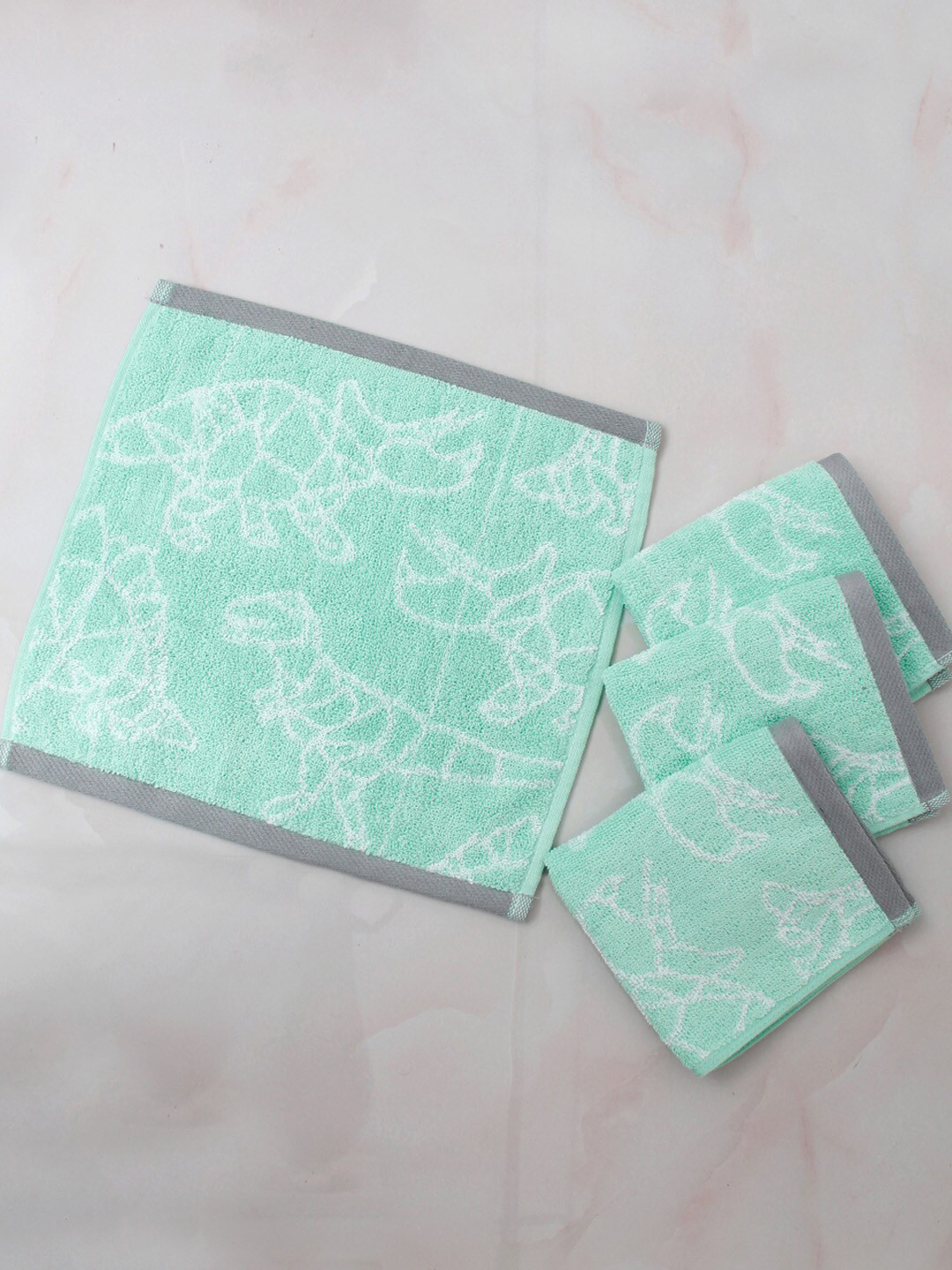 

AVI Living Adults Set Of 4 Green Printed 500GSM Pure Cotton Face Towels