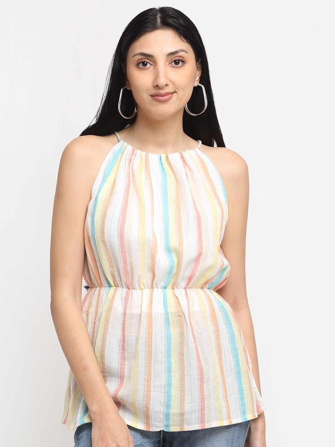 

NEUDIS White & Peach-Coloured Striped Halter Neck Cinched Waist Top
