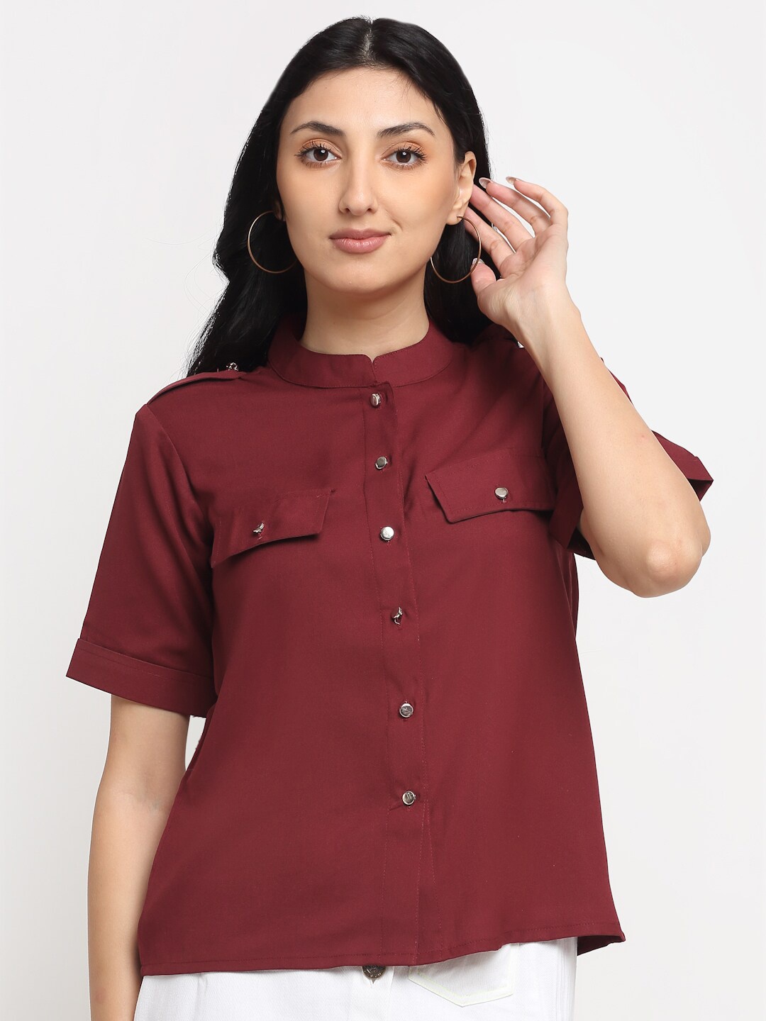 

NEUDIS Women Maroon Mandarin Collar Crepe Top