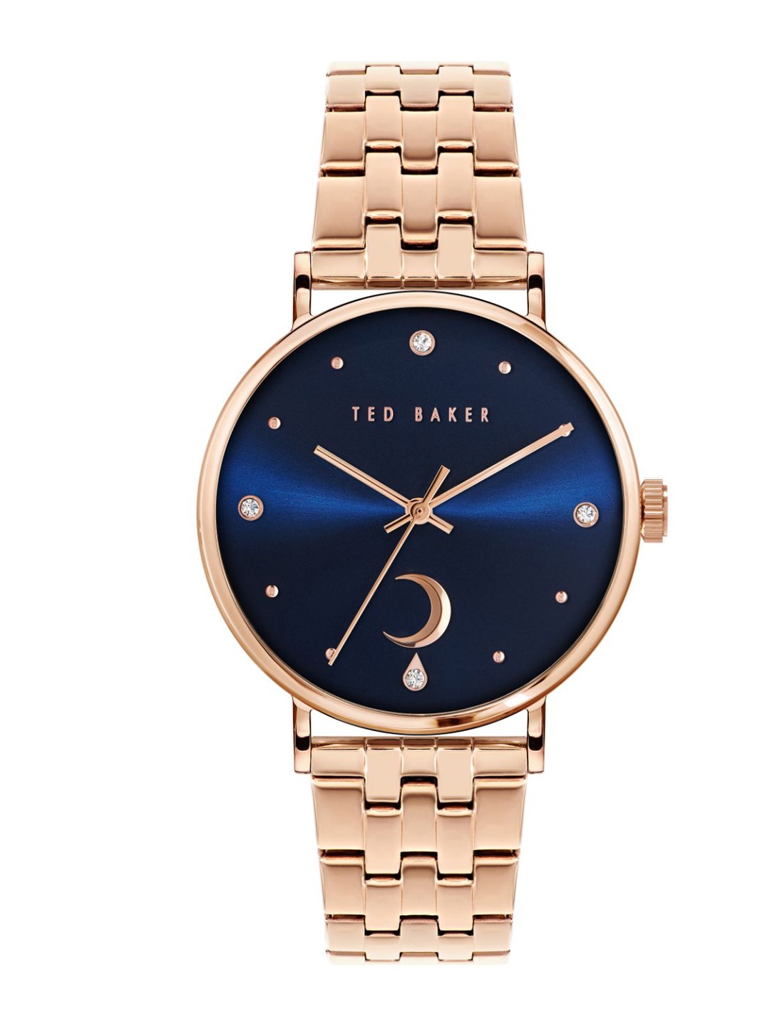 

Ted Baker Women Blue Embellished Dial & Rose Gold Toned Stainless Steel Bracelet Style Straps Analogue Watch BKPPHF133
