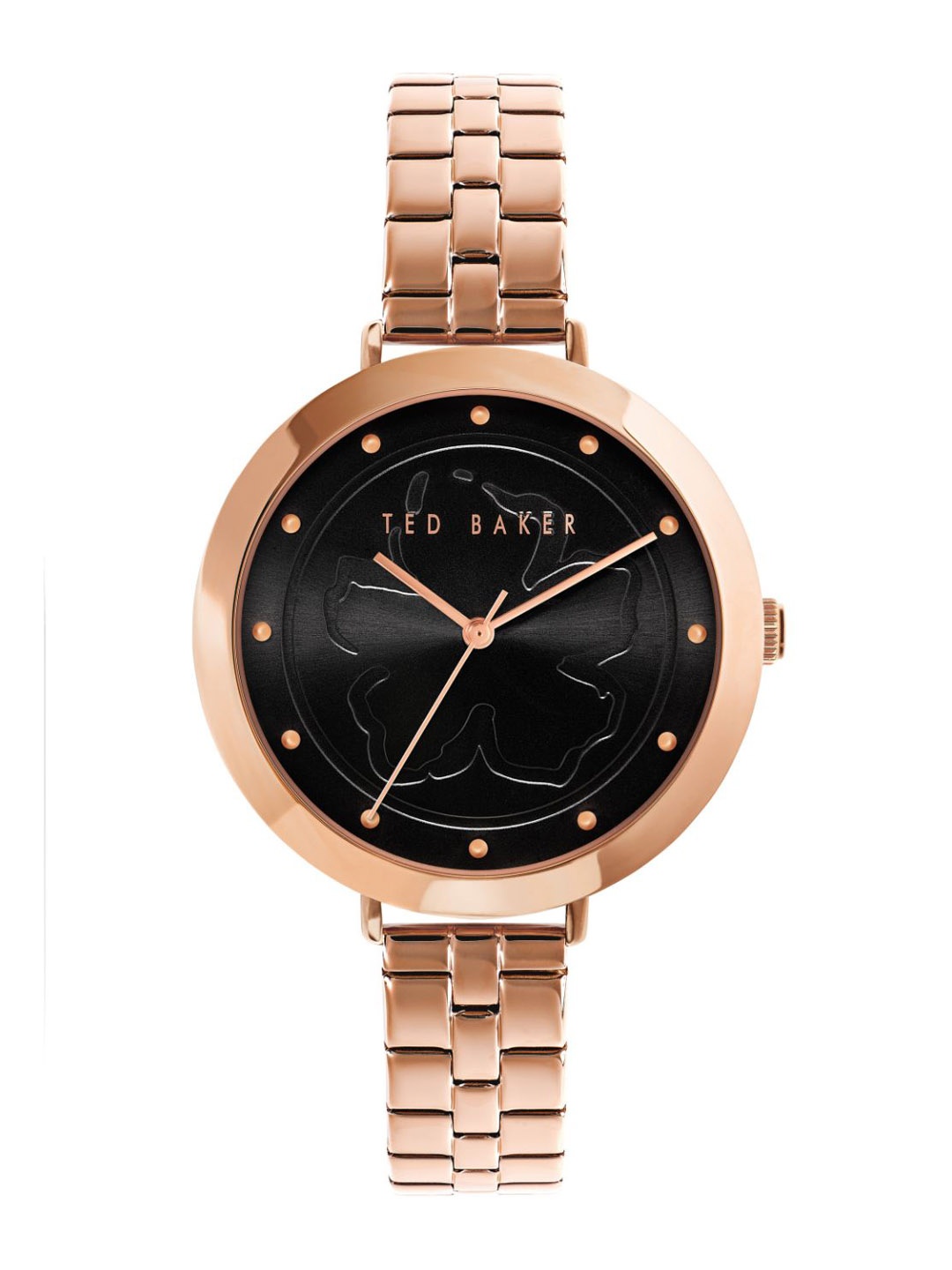 

Ted Baker Women Black Dial & Rose Gold Toned Stainless Steel Bracelet Style Straps Analogue Watch