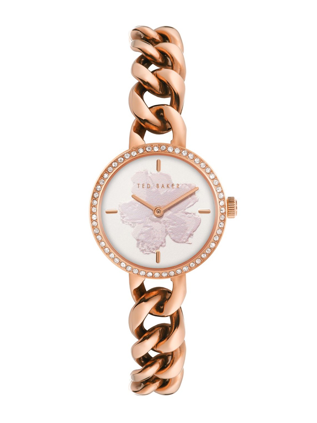

Ted Baker Women White Embellished Dial & Rose Gold Toned Stainless Steel Bracelet Style Straps Analogue Watch, Champagne