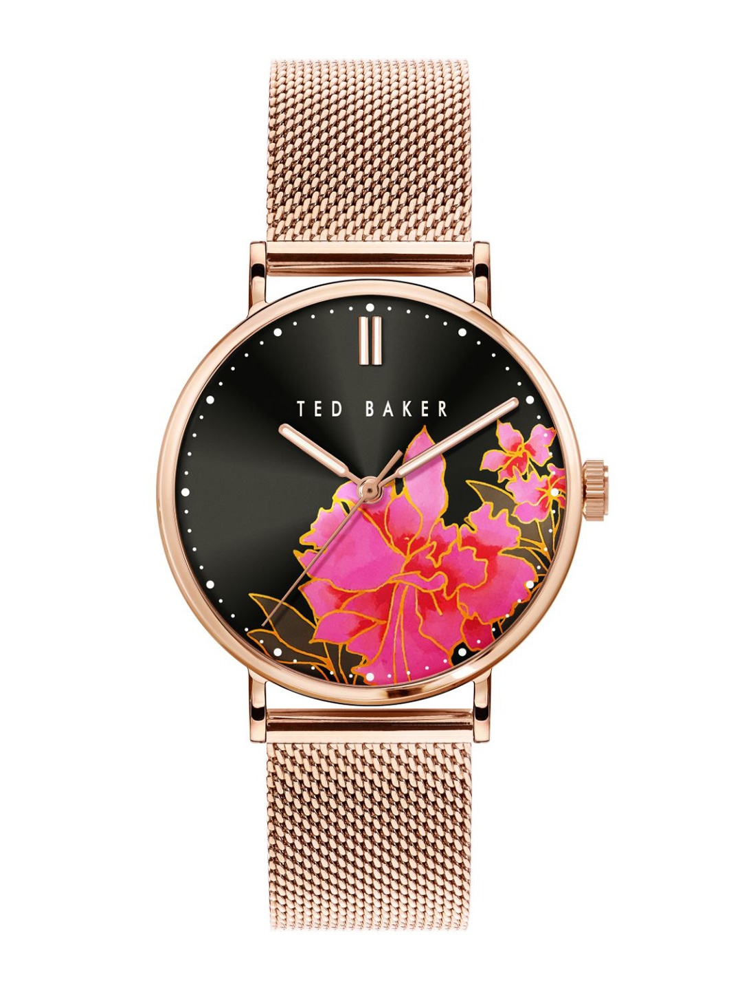 

Ted Baker Women Black Printed Dial & Rose Gold Toned Bracelet Style Straps Analogue Watch