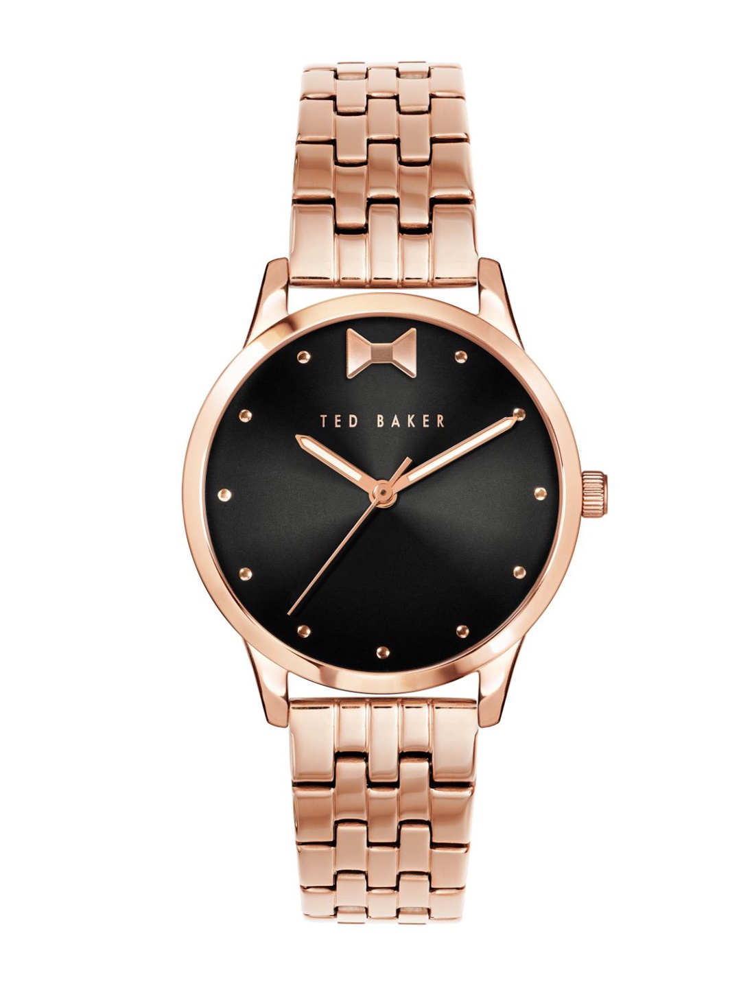

Ted Baker Women Black Dial & Rose Gold Toned Stainless Steel Bracelet Style Straps Analogue Watch