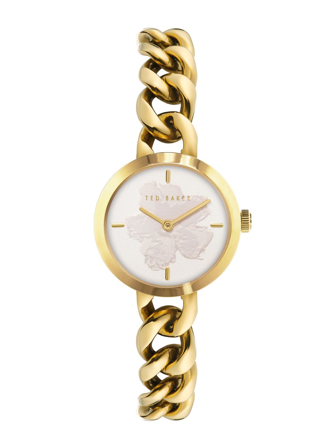 

Ted Baker Women White Embellished Dial & Gold Toned Stainless Steel Bracelet Style Straps Analogue Watch