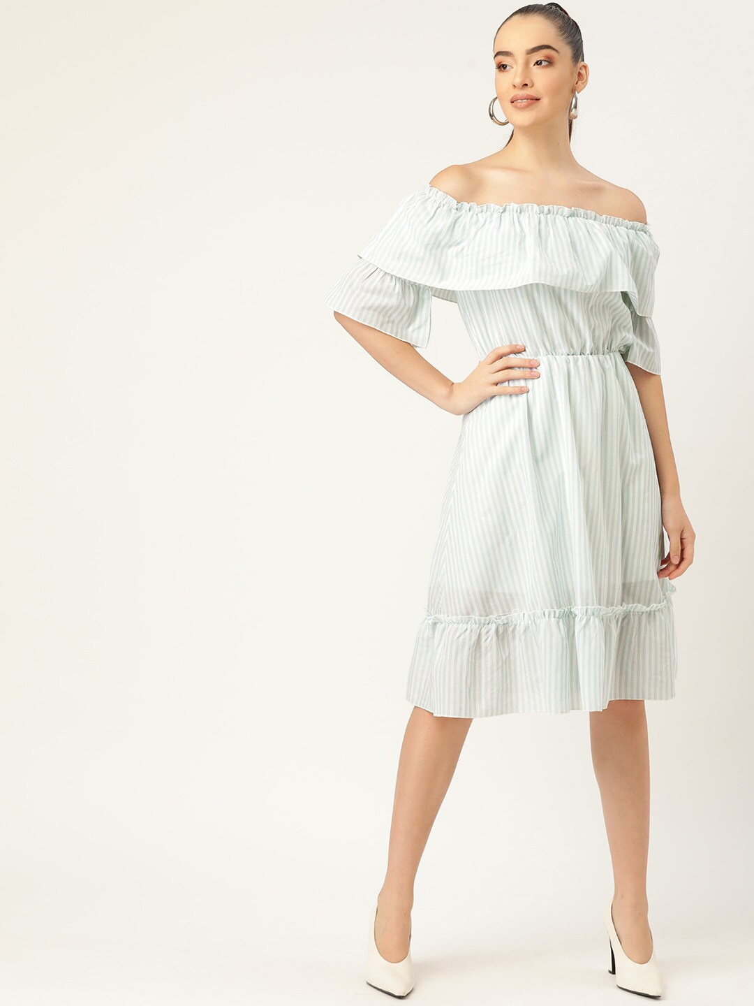 

DODO & MOA Women Blue & White Striped Off-Shoulder A-Line Dress