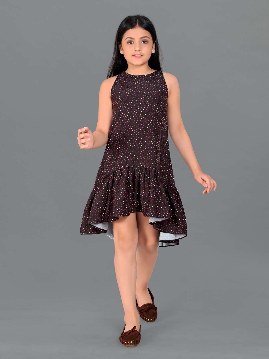 

FASHION DREAM Girls Black A-Line Polka Dot printed High Low Dress
