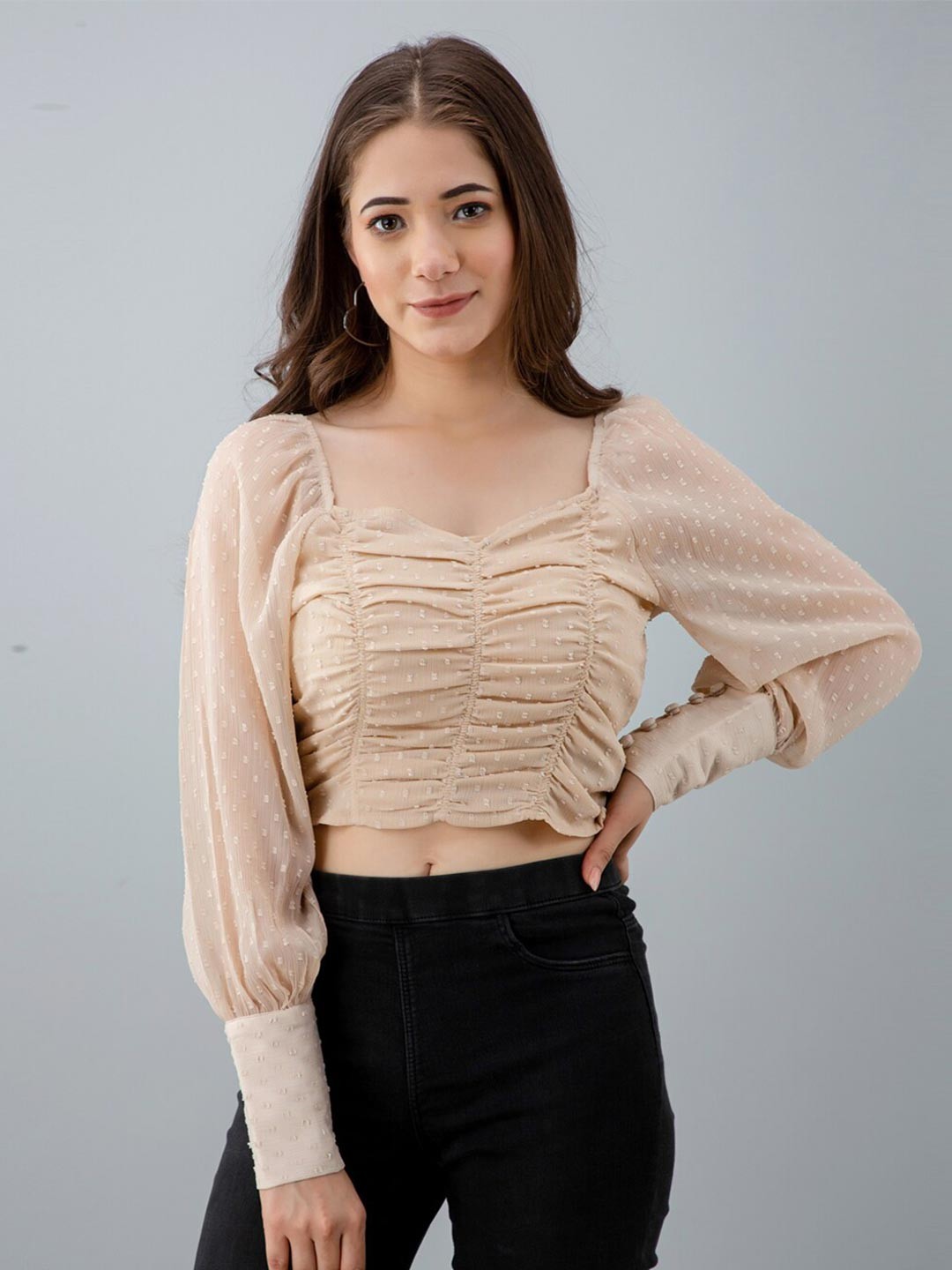

PRETTY LOVING THING Women Beige Sweetheart Neck Chiffon Crop Top