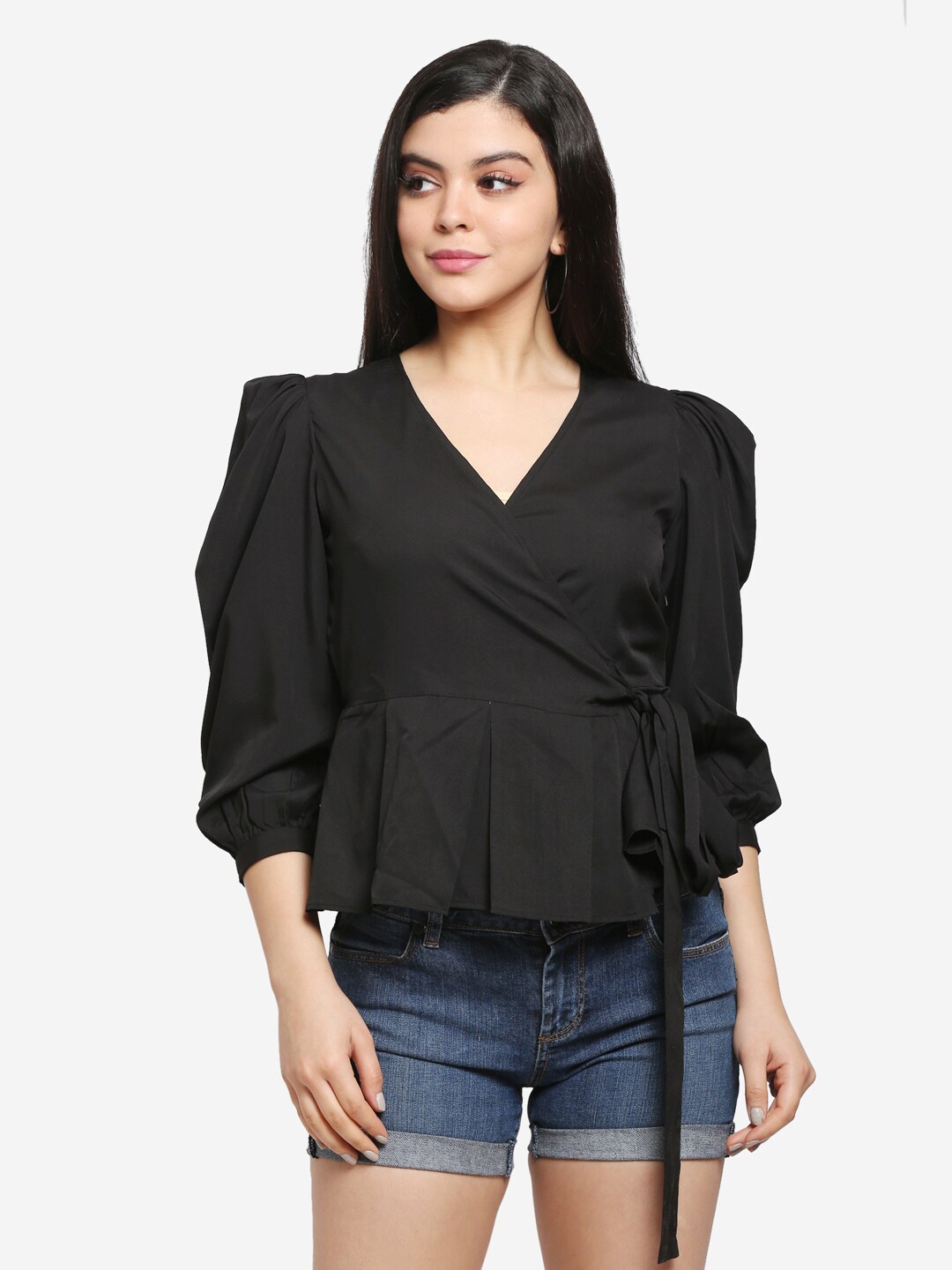 

PRETTY LOVING THING Women Black Crepe Wrap Top