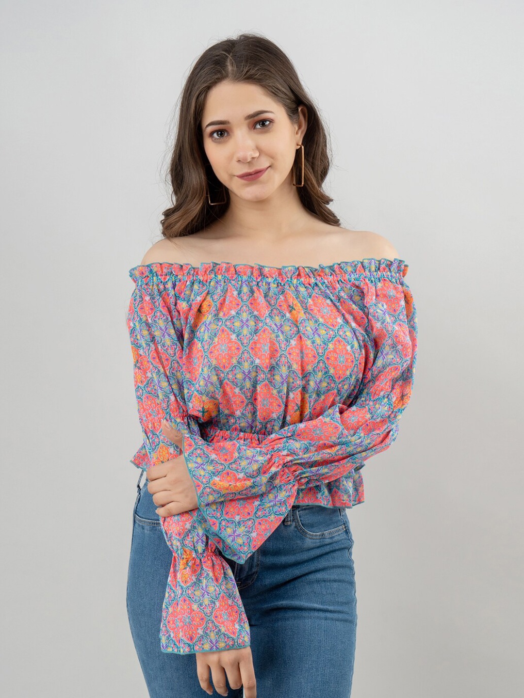 

PRETTY LOVING THING Pink Print Off-Shoulder Chiffon Bardot Top