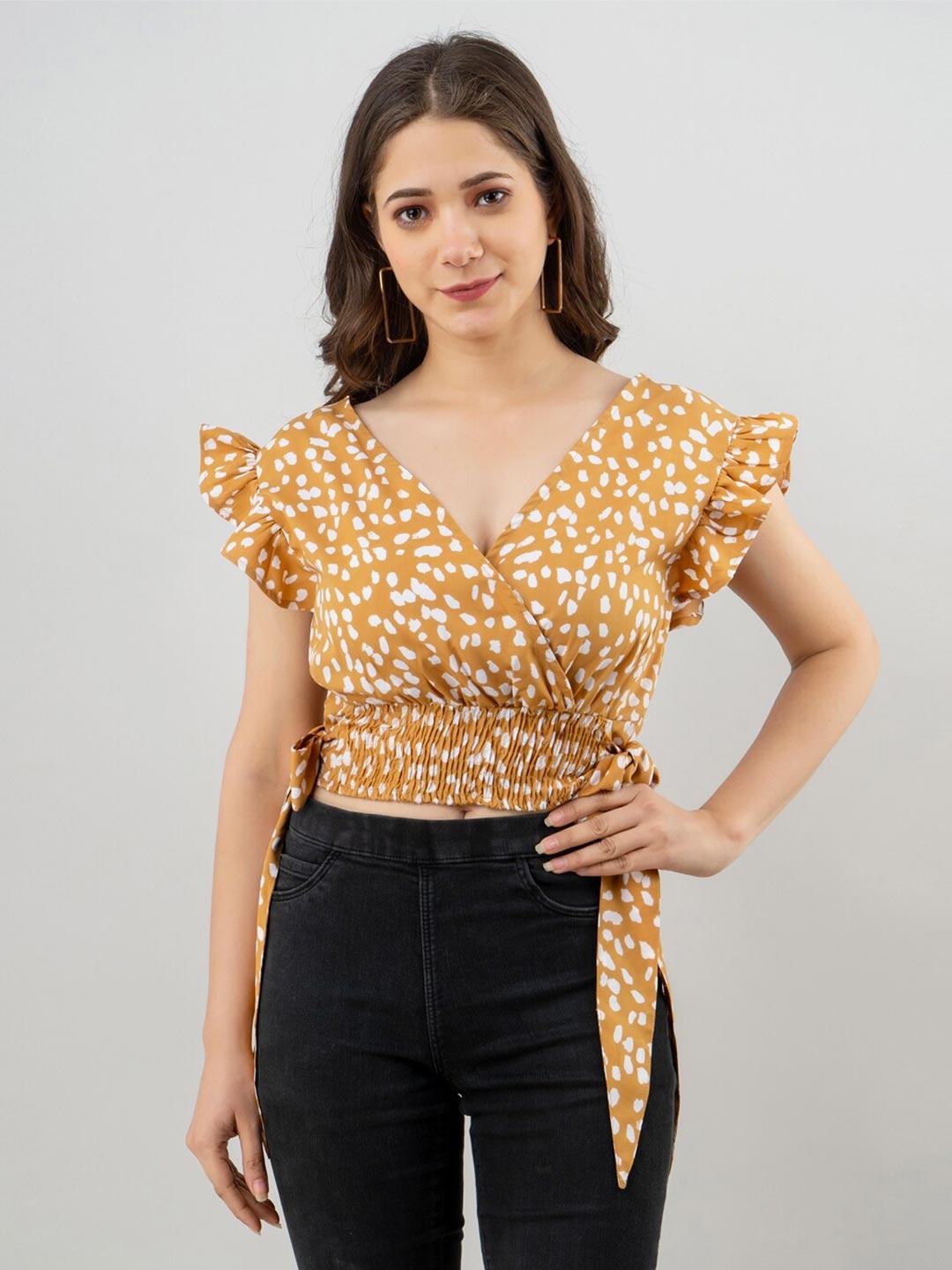 

PRETTY LOVING THING Mustard Yellow Print Crepe Wrap Crop Top