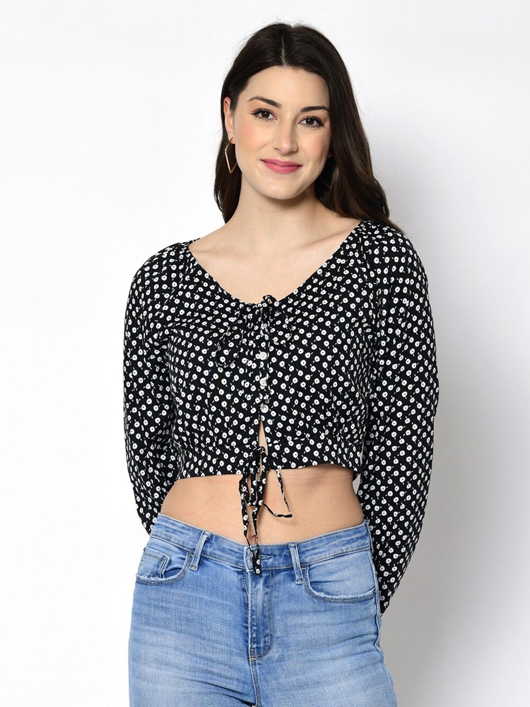 

PRETTY LOVING THING Women Black Print Crepe Blouson Top