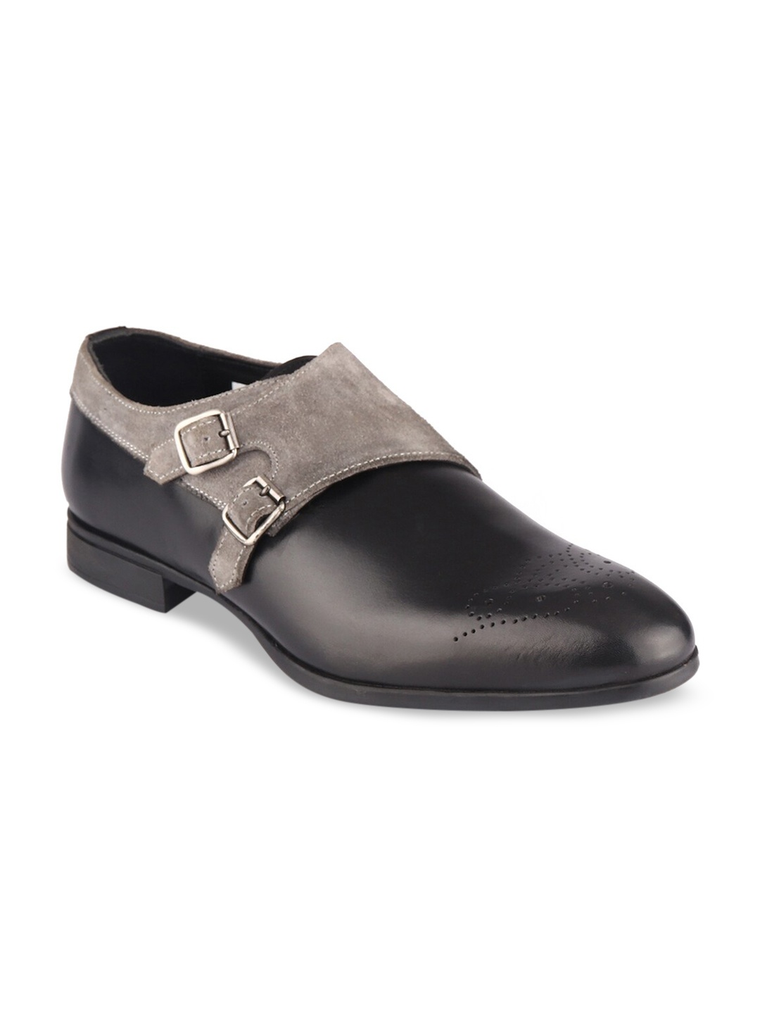 

TOP BRASS Men Black Textured Leather Monk Formal Shoes