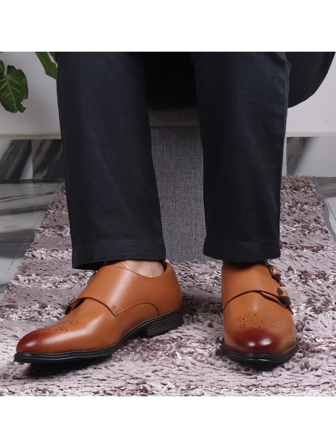 

TOP BRASS Men Tan Brown Solid Formal Leather Monk Shoes