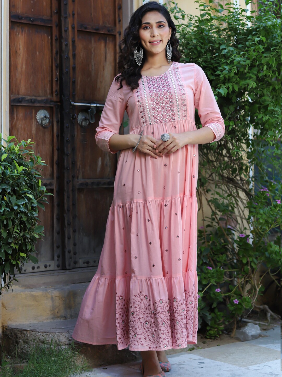 

Yufta Pink Mirror Work Embellished Tiered Maxi Dress