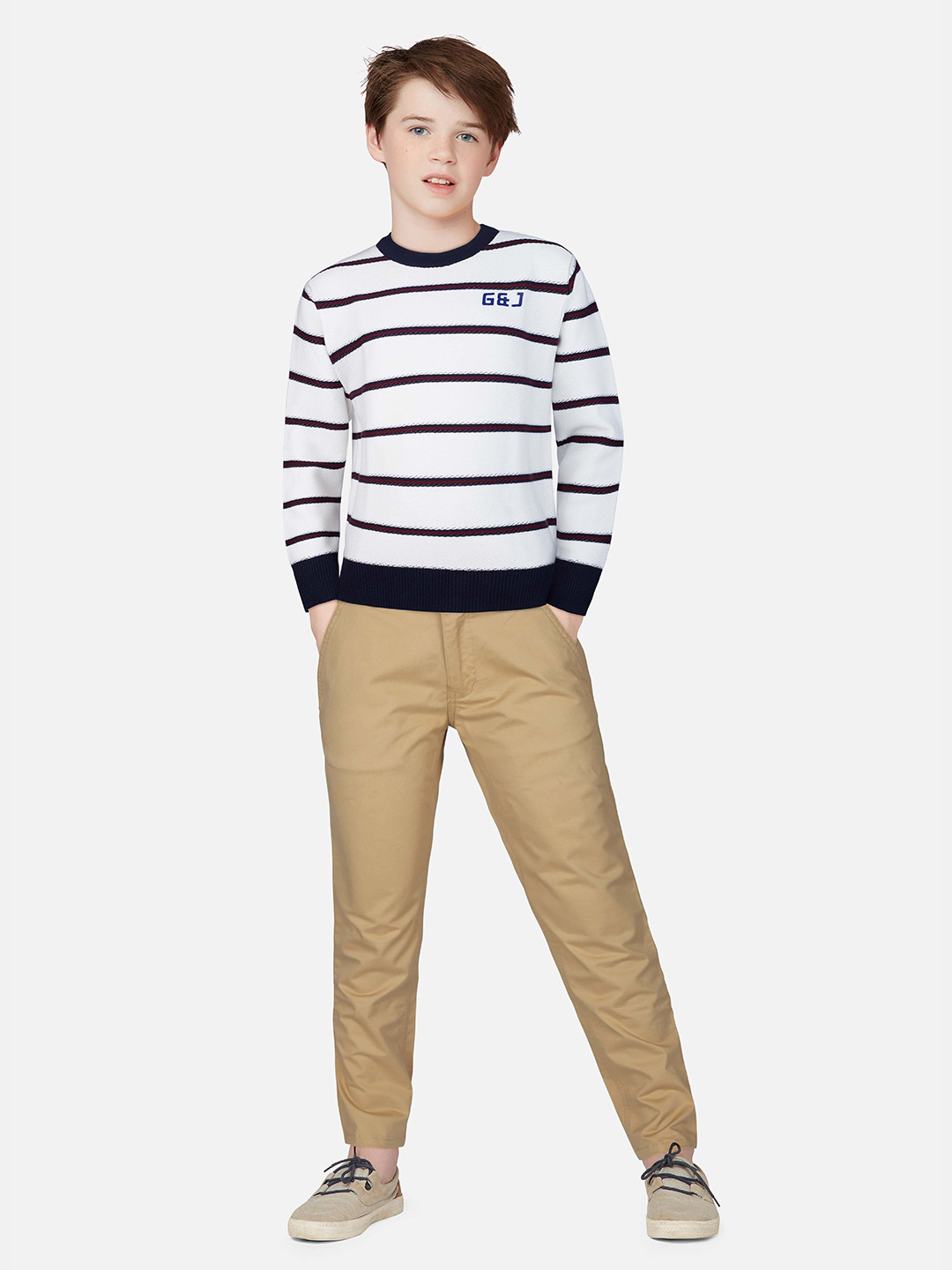 

Gini and Jony Boys White & Blue Woolen Striped Pullover