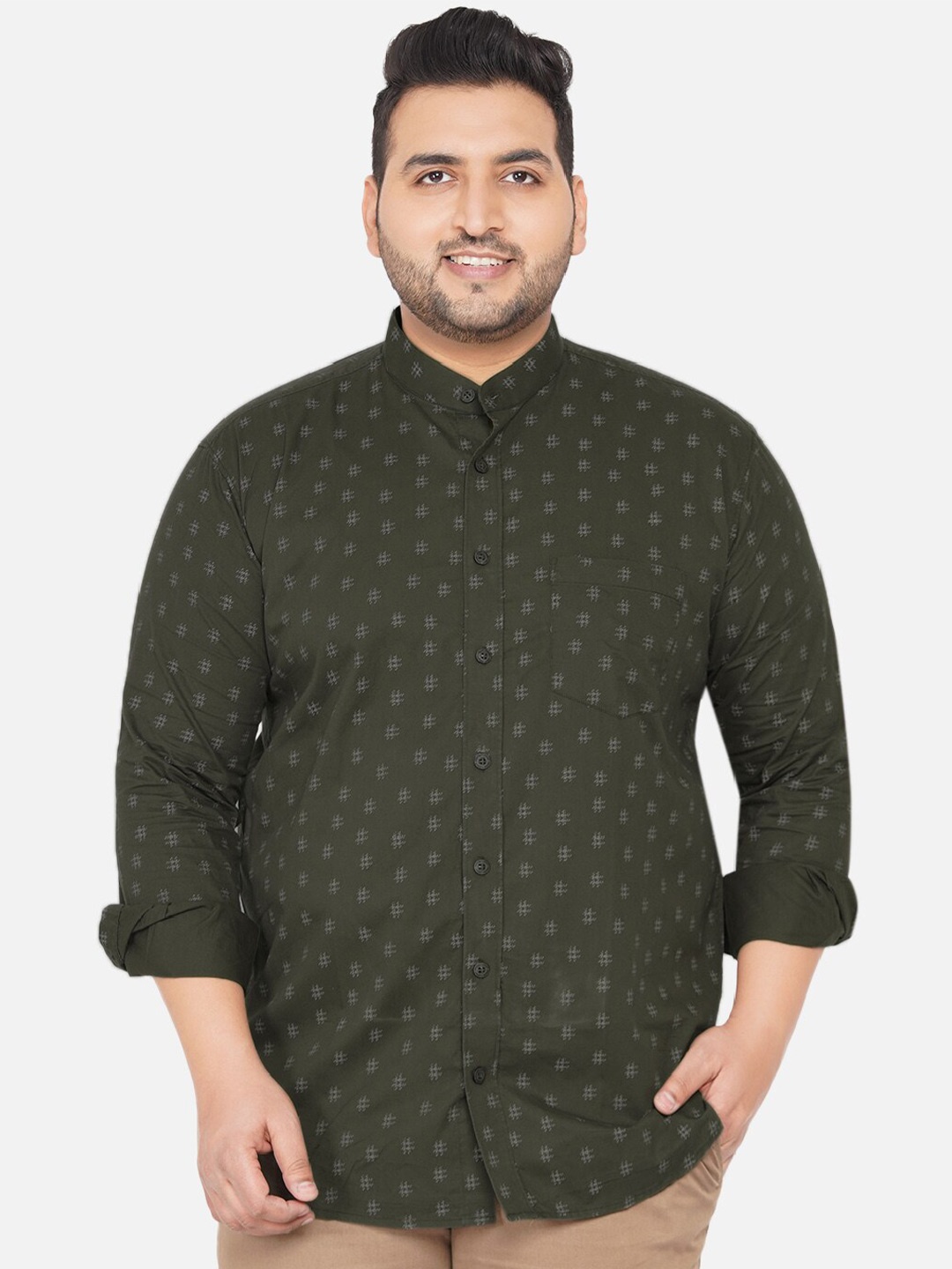 

John Pride Plus Size Men Green Printed Casual Shirt