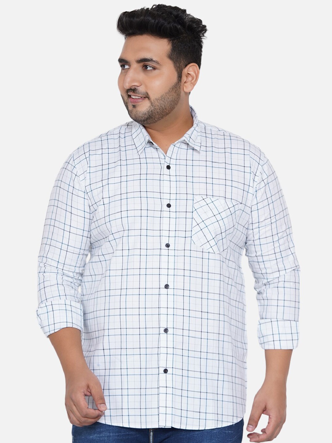 

John Pride Plus Size Men White Checked Casual Shirt