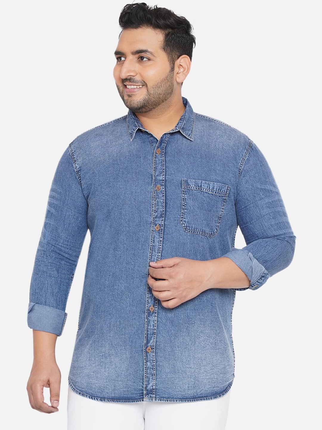 

John Pride Plus Size Men Blue Faded Denim Shirt
