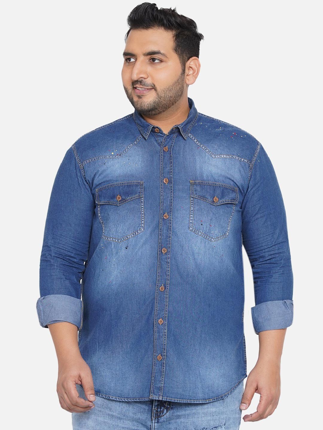 

John Pride Plus Size Men Blue Faded Denim Casual Shirt