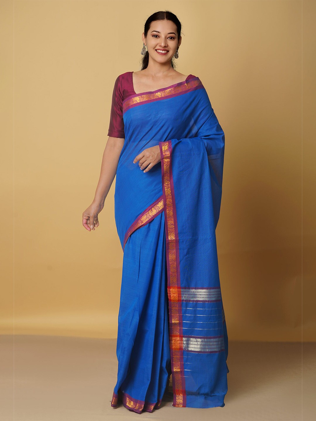

Unnati Silks Blue & Purple Woven Design Zari Pure Cotton Venkatgiri Saree