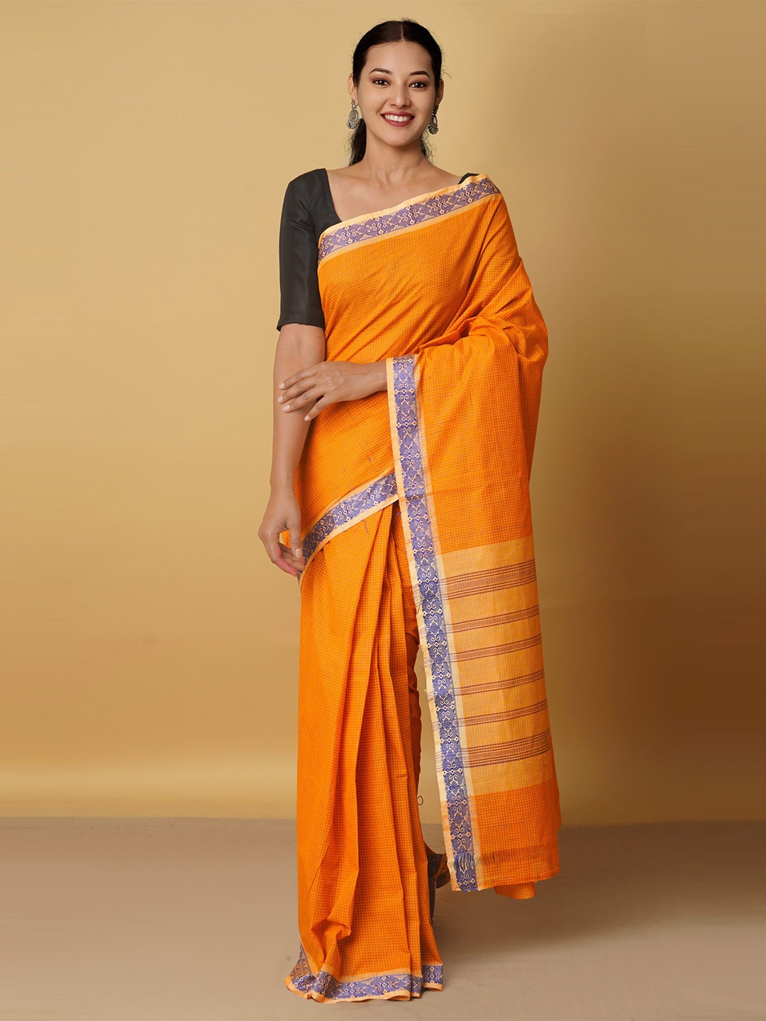 

Unnati Silks Orange & Blue Checked Zari Pure Cotton Venkatgiri Saree