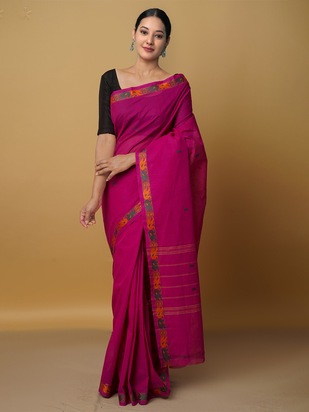 

Unnati Silks Pink & Orange Woven Design Zari Pure Cotton Venkatgiri Saree