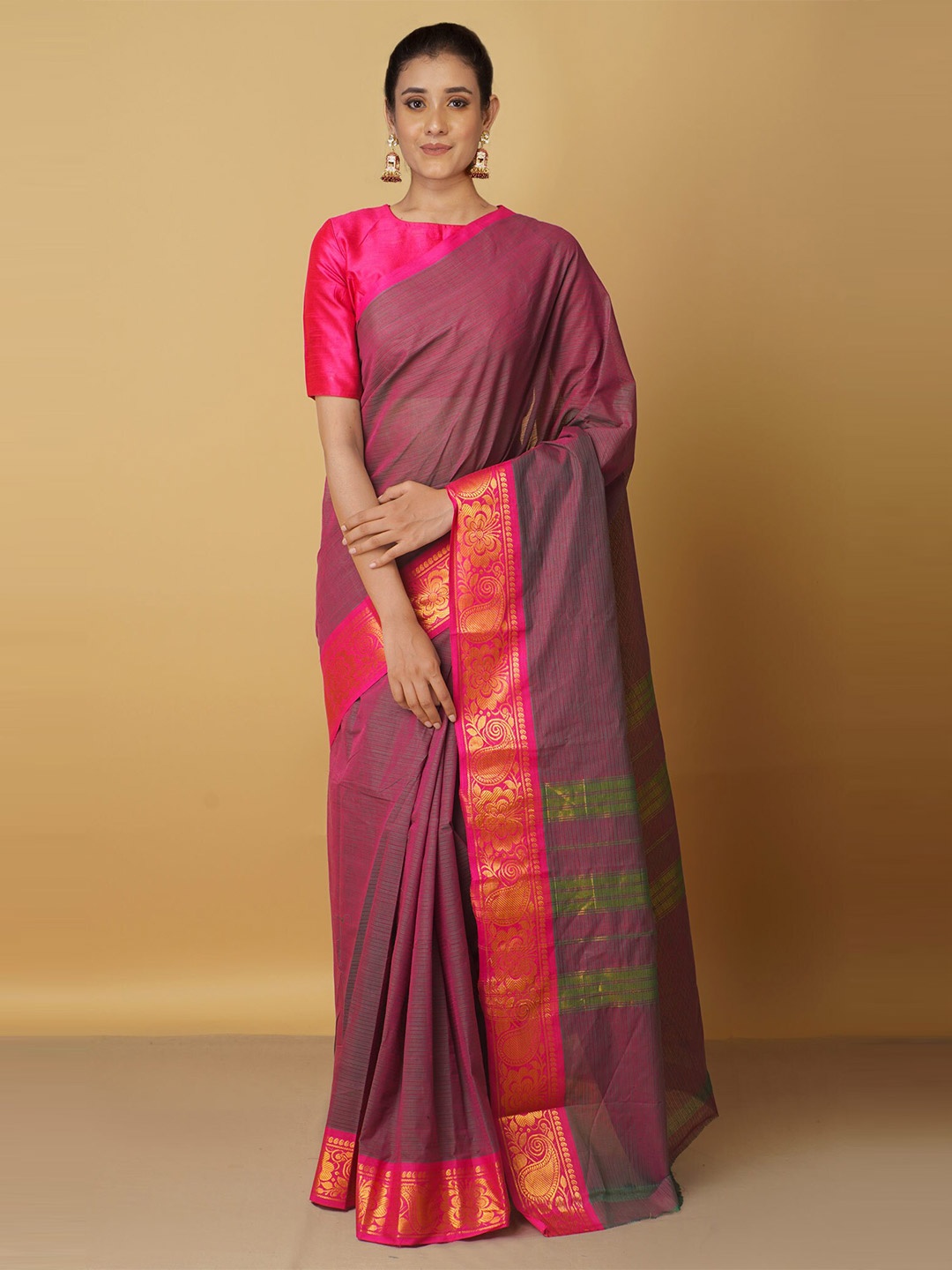 

Unnati Silks Purple & Red Woven Design Zari Pure Cotton Venkatgiri Saree