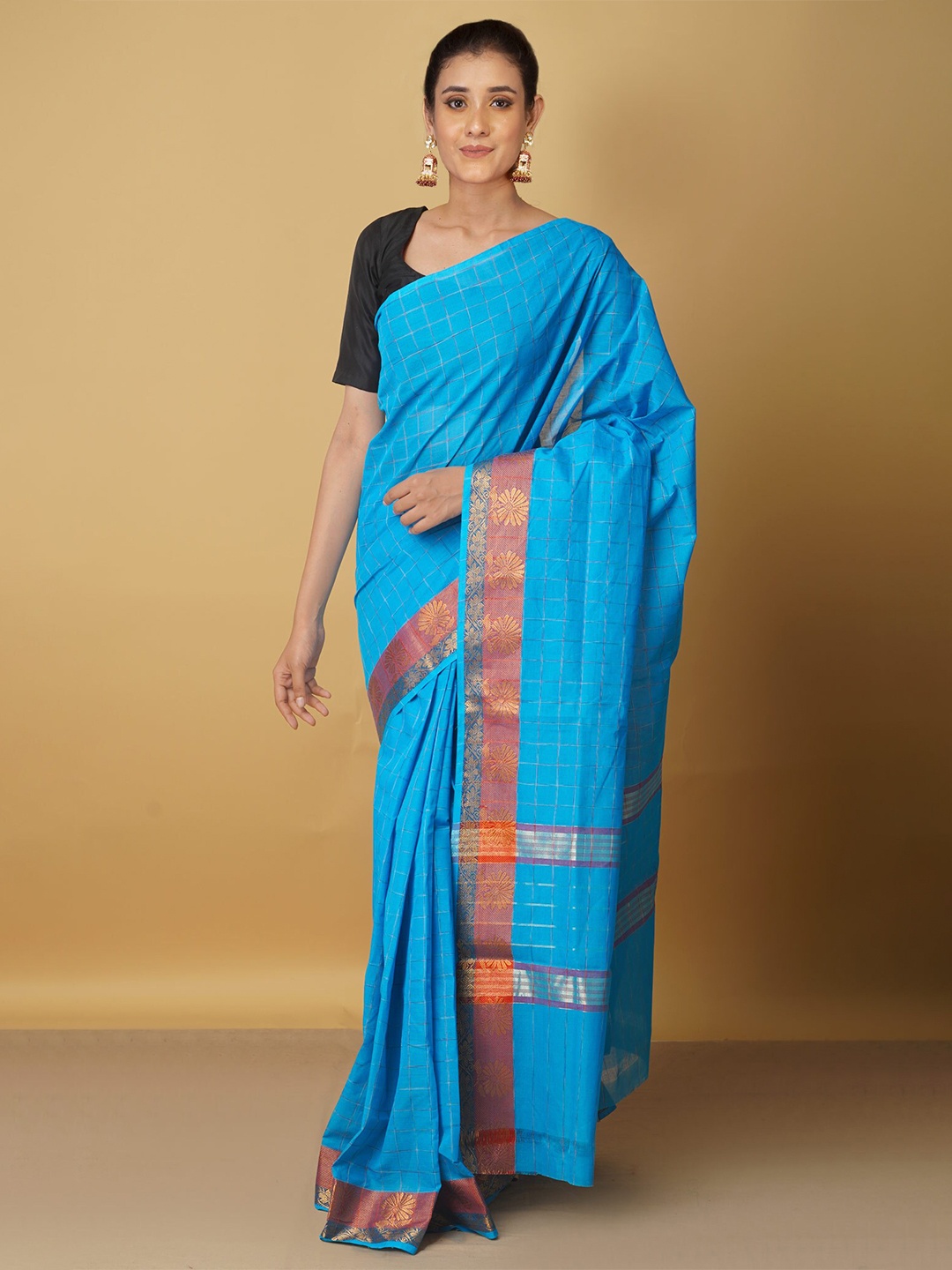 

Unnati Silks Blue & Gold-Toned Woven Design Zari Pure Cotton Venkatgiri Saree