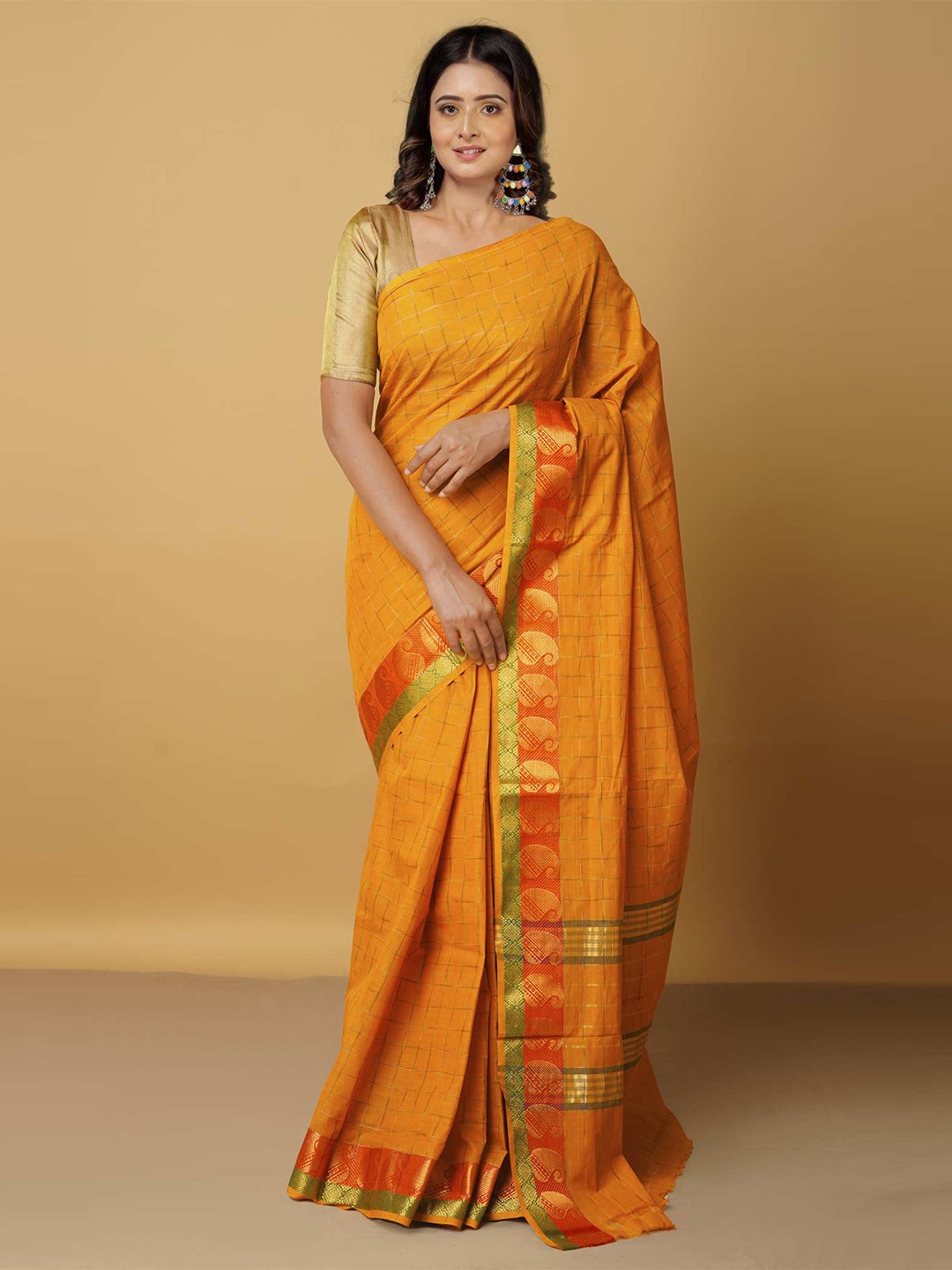 

Unnati Silks Women Brown & Green Woven Design Zari Pure Cotton Saree, Gold