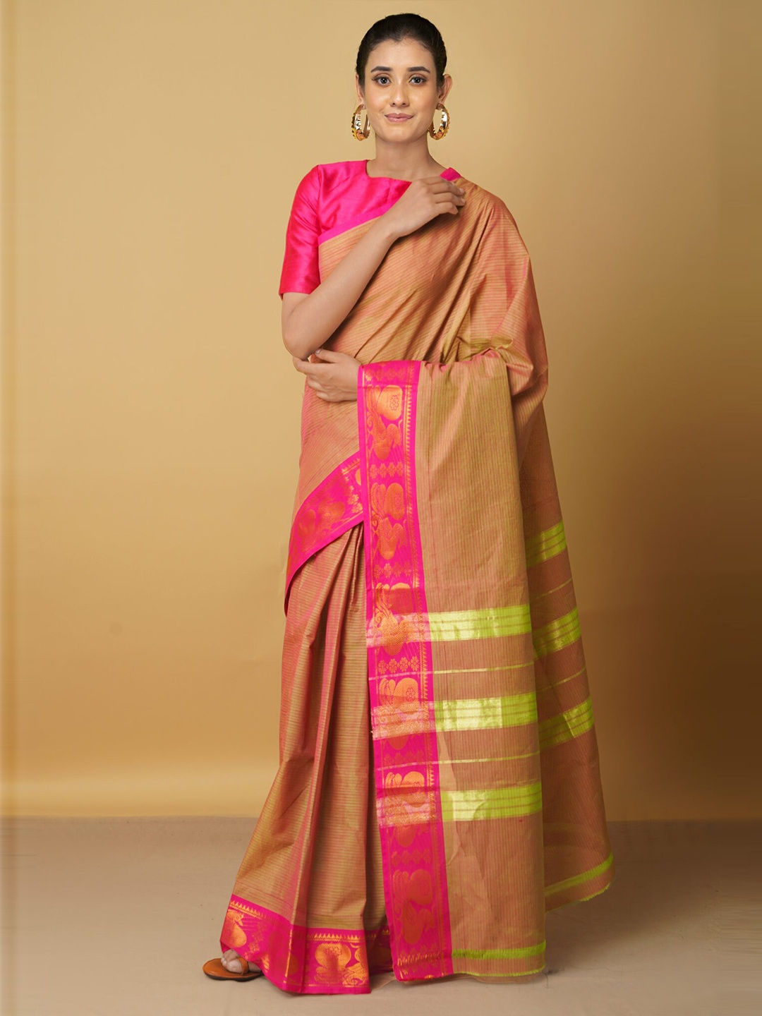 

Unnati Silks Orange & Green Woven Design Zari Pure Cotton Venkatgiri Saree