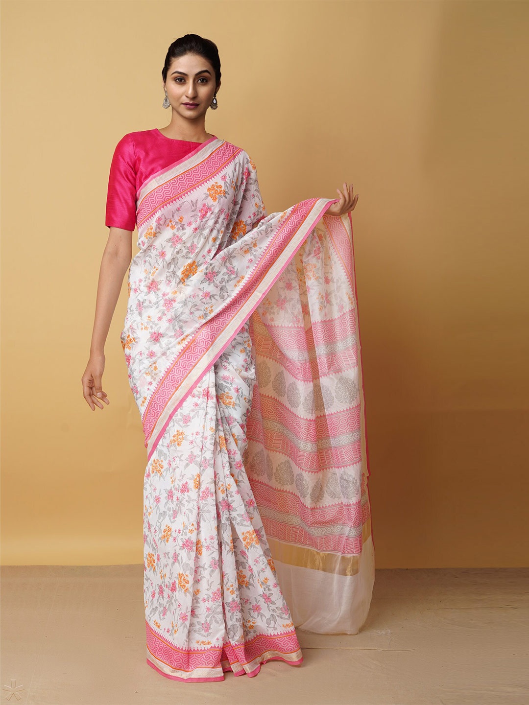 

Unnati Silks Cream-Coloured & Pink Floral Silk Cotton Baluchari Saree
