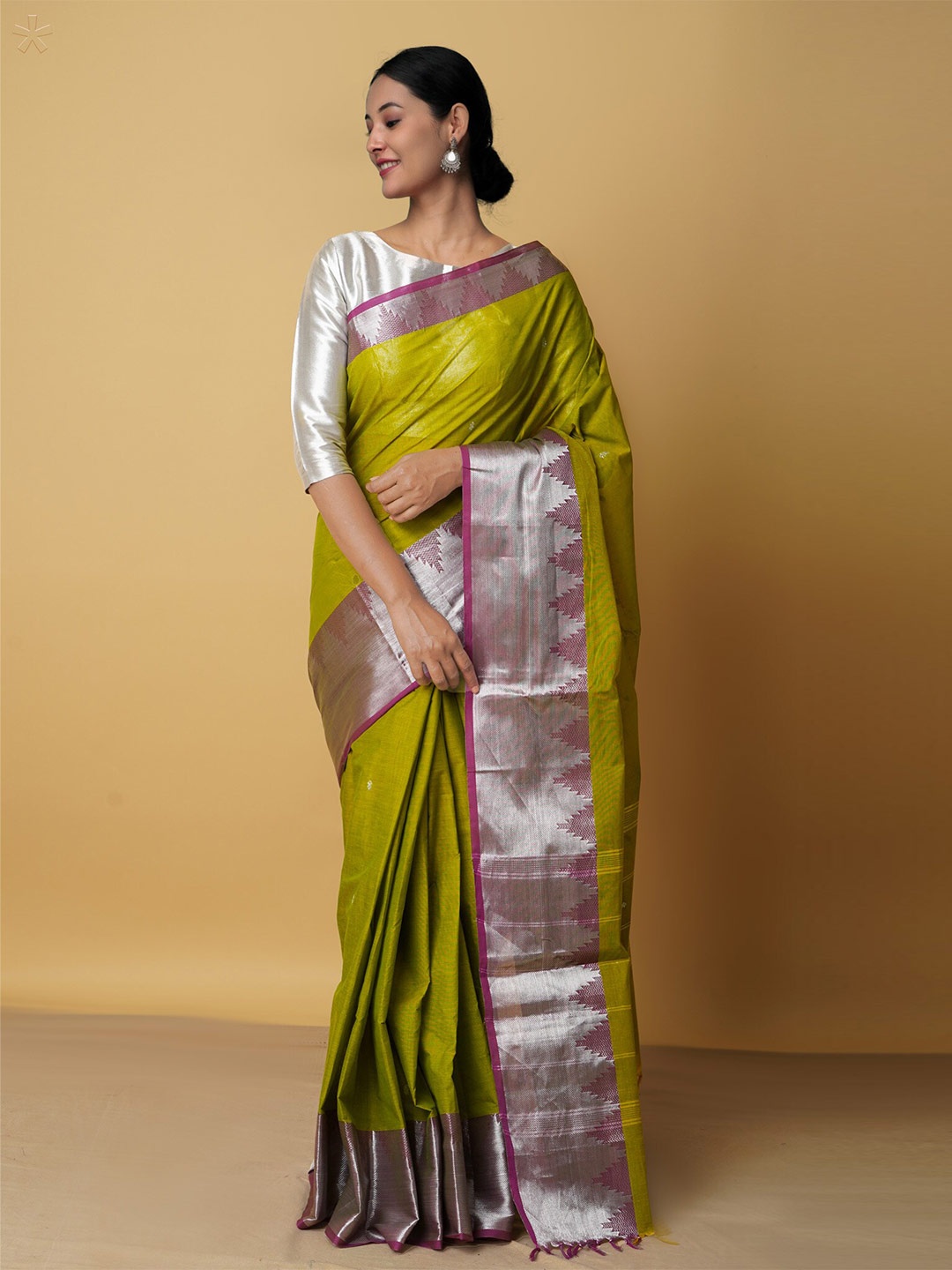 

Unnati Silks Green & Silver-Toned Zari Pure Cotton Chettinad Saree