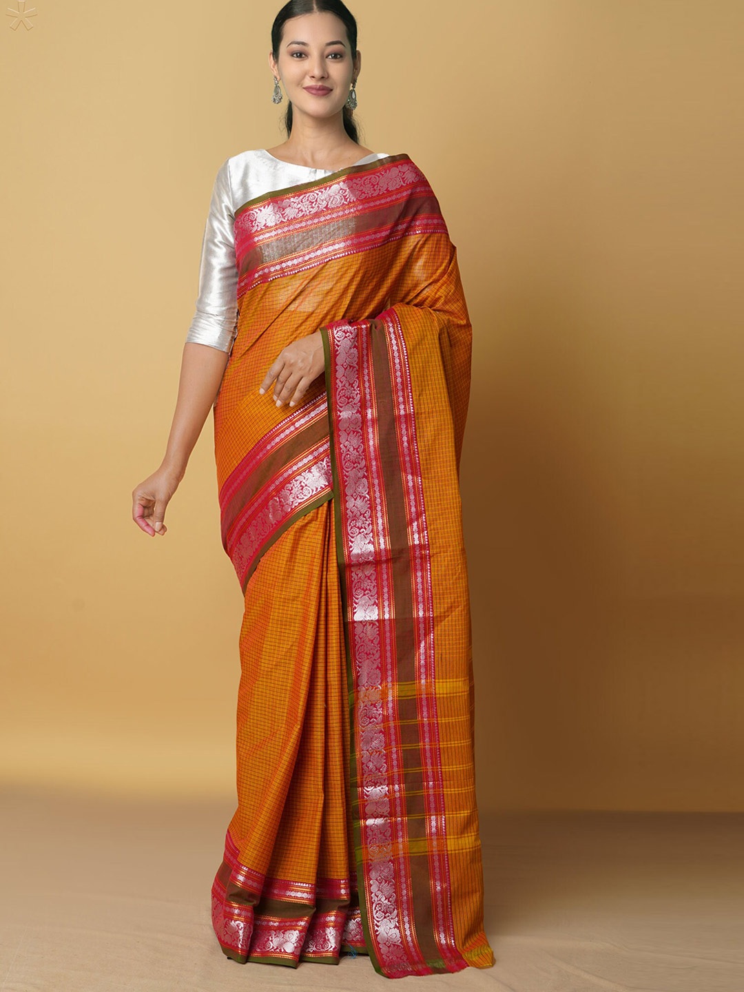 

Unnati Silks Orange & Green Woven Design Zari Pure Cotton Chettinad Saree