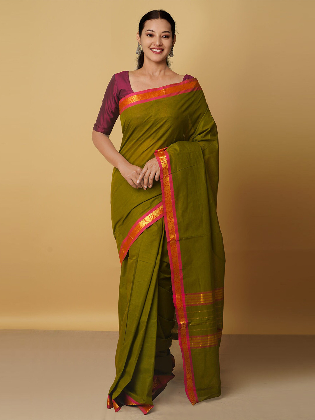 

Unnati Silks Green & Pink Woven Design Zari Pure Cotton Venkatgiri Saree