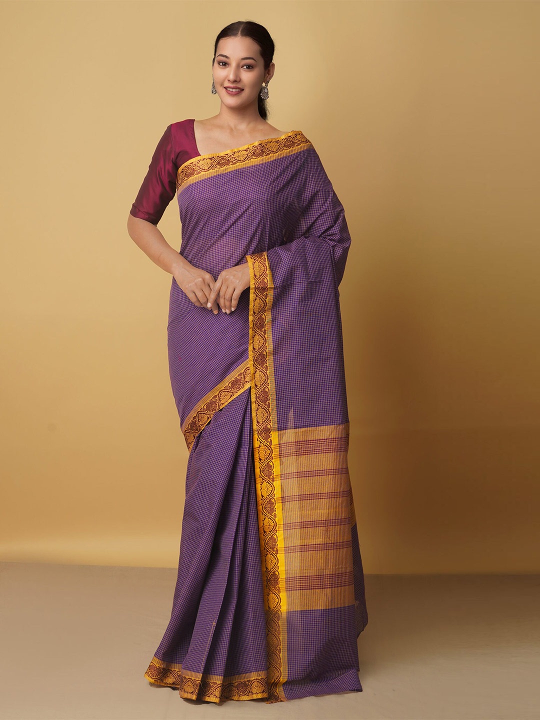 

Unnati Silks Purple & Mustard Woven Design Zari Pure Cotton Venkatgiri Saree