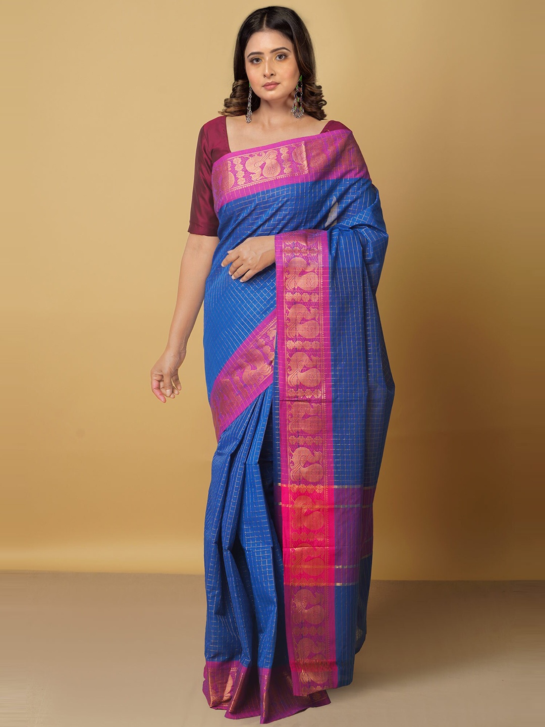 

Unnati Silks Blue & Pink Checked Zari Pure Cotton Venkatgiri Saree