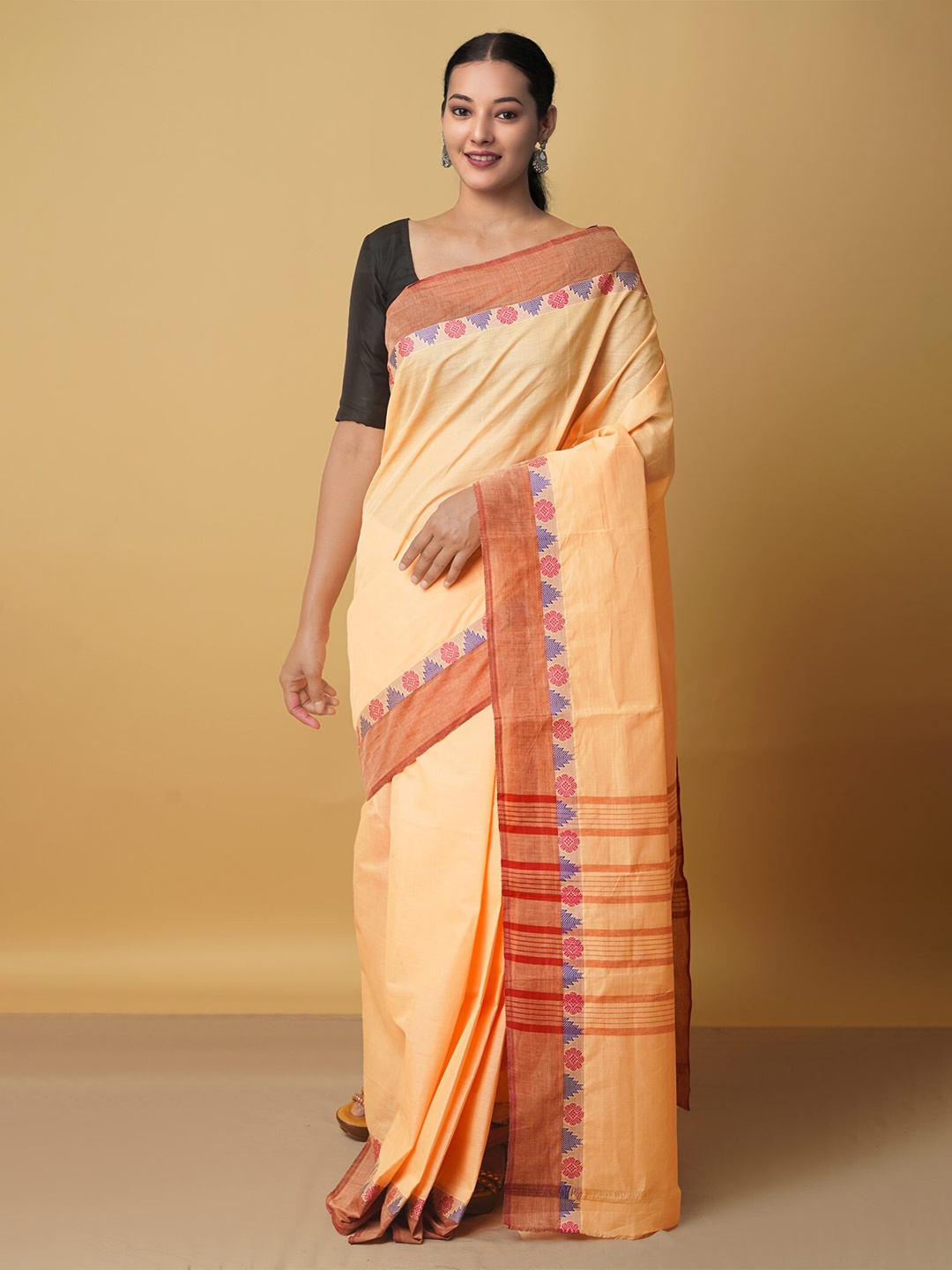 

Unnati Silks Orange & Purple Woven Design Zari Pure Cotton Venkatgiri Saree