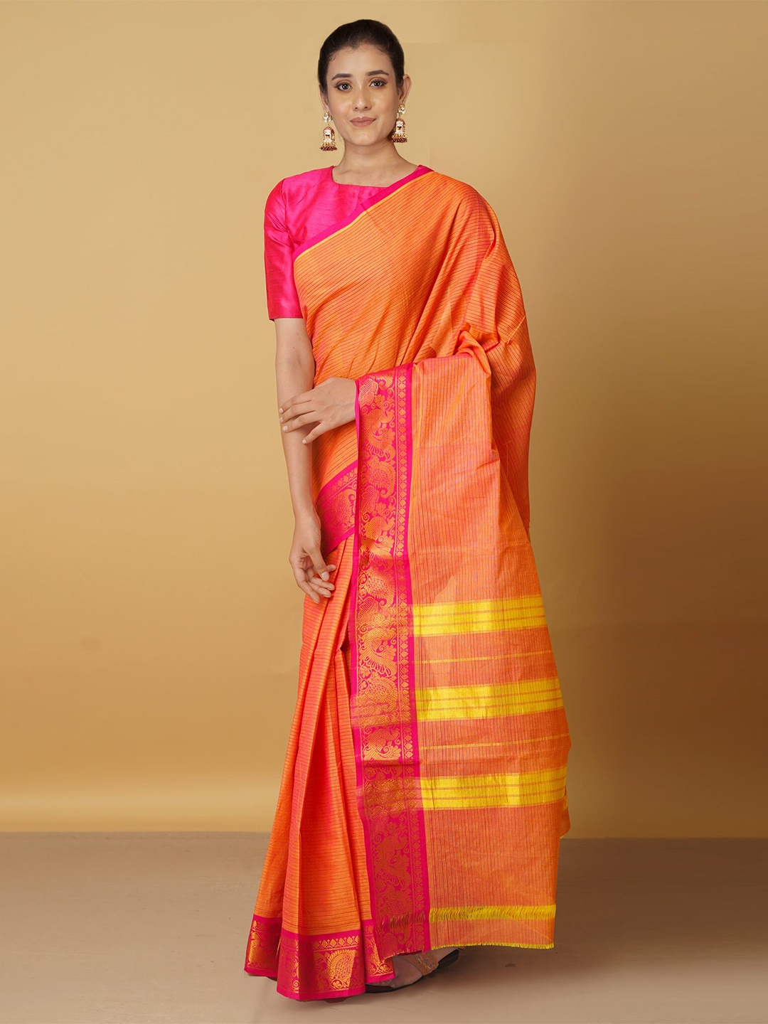 

Unnati Silks Orange & Pink Woven Design Zari Pure Cotton Venkatgiri Saree
